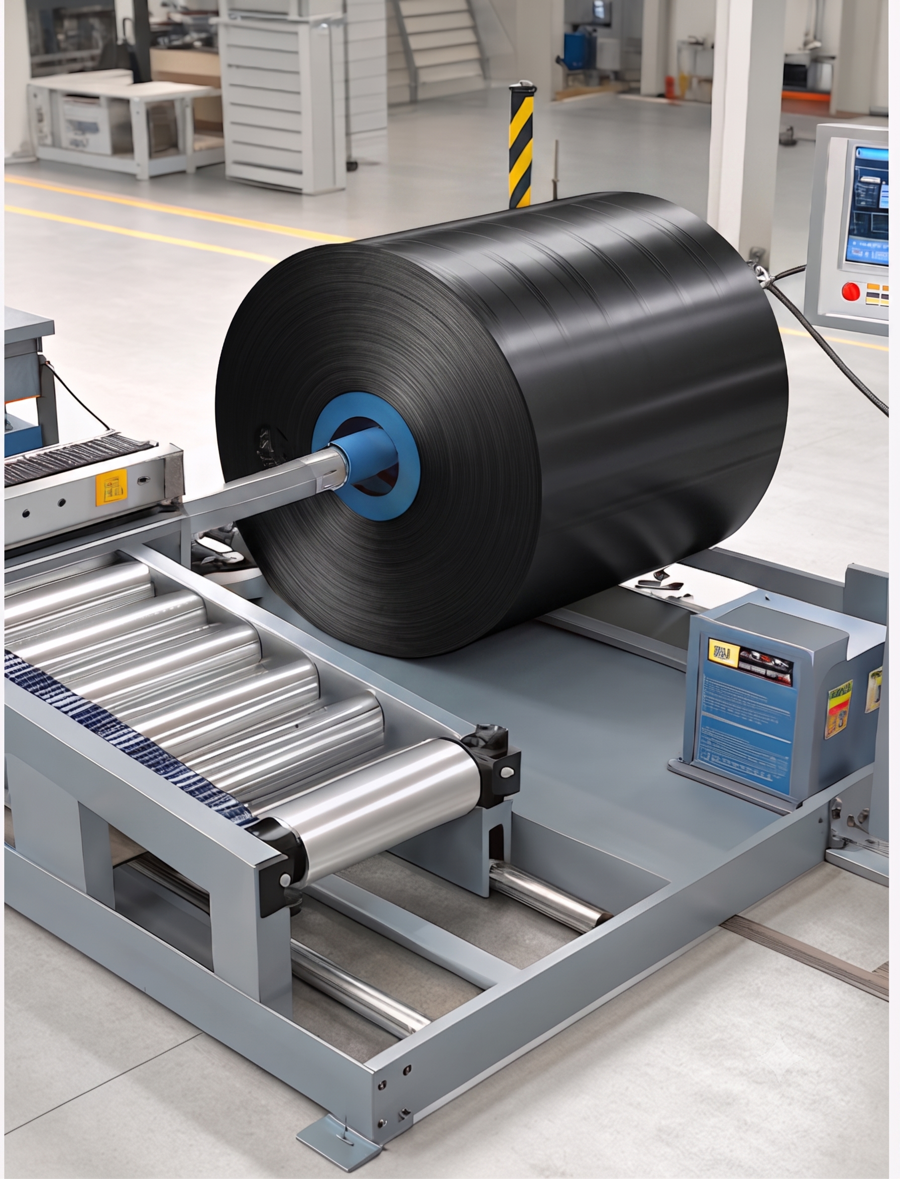 Precision lathe slitter operating on industrial adhesive rolls